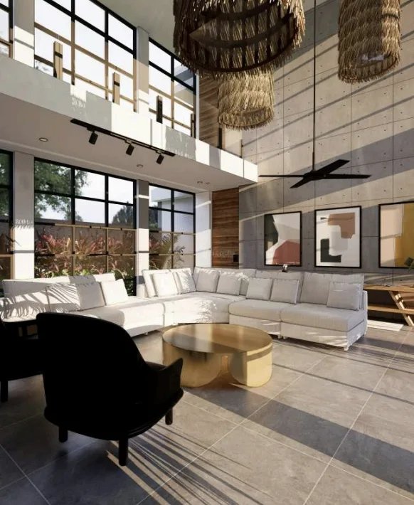 Warmly lit villa interior after dark